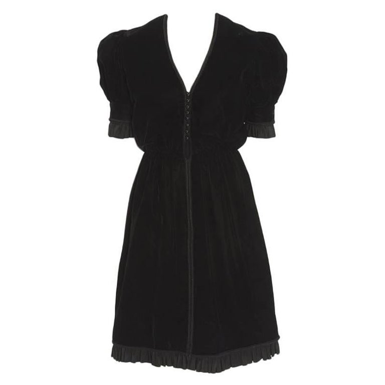 Jean Patou Braided & Ruffled Velvet Little Black Dress, Circa 1968 For Sale