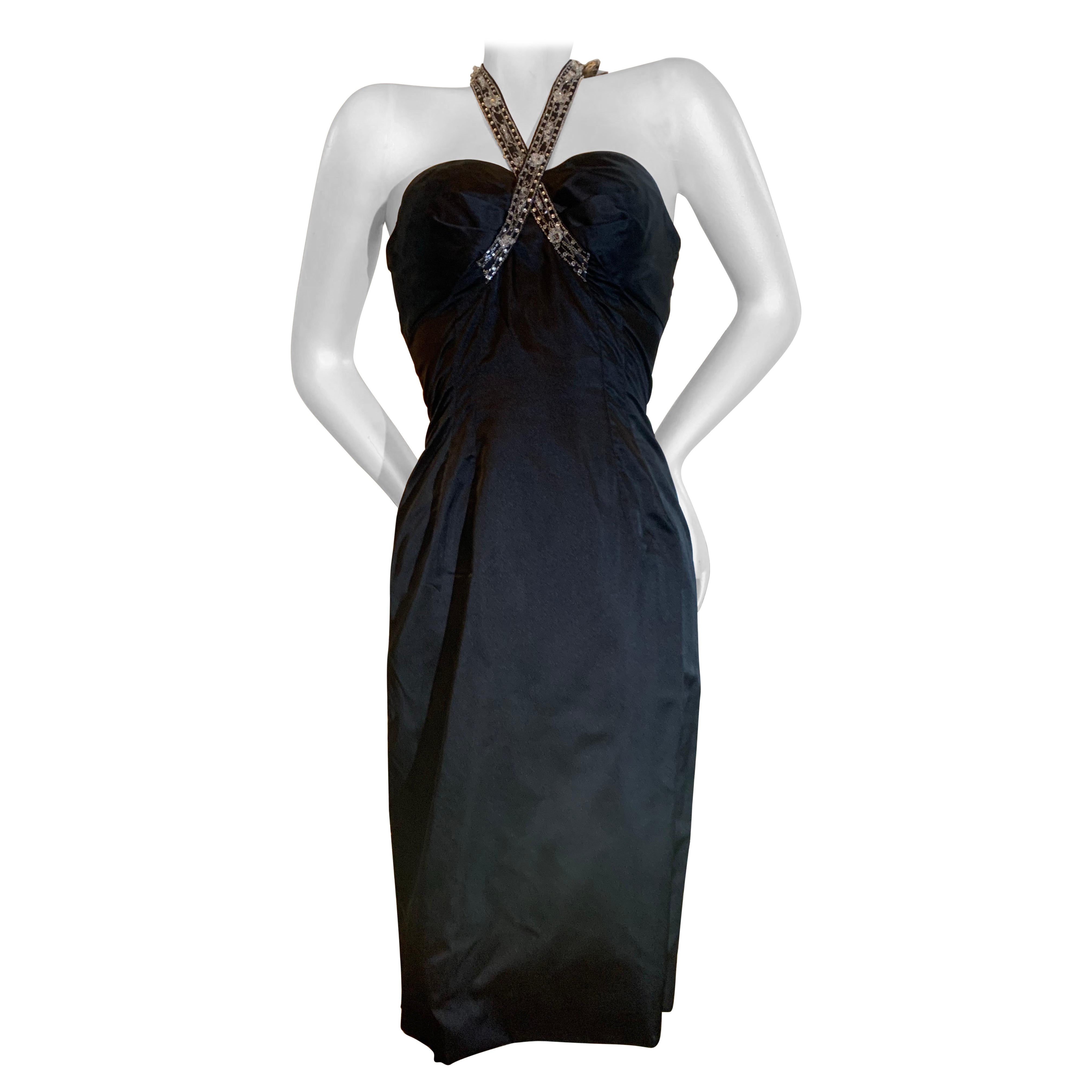 1950s Robert Morton Black Silk Hourglass Sheath Dress w Beaded Crossed Halter For Sale