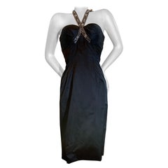 1950s Robert Morton Black Silk Hourglass Sheath Dress w Beaded Crossed Halter