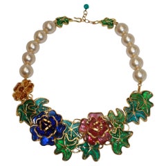 Pate de Verre Multicolor Flower and Pearls Choker