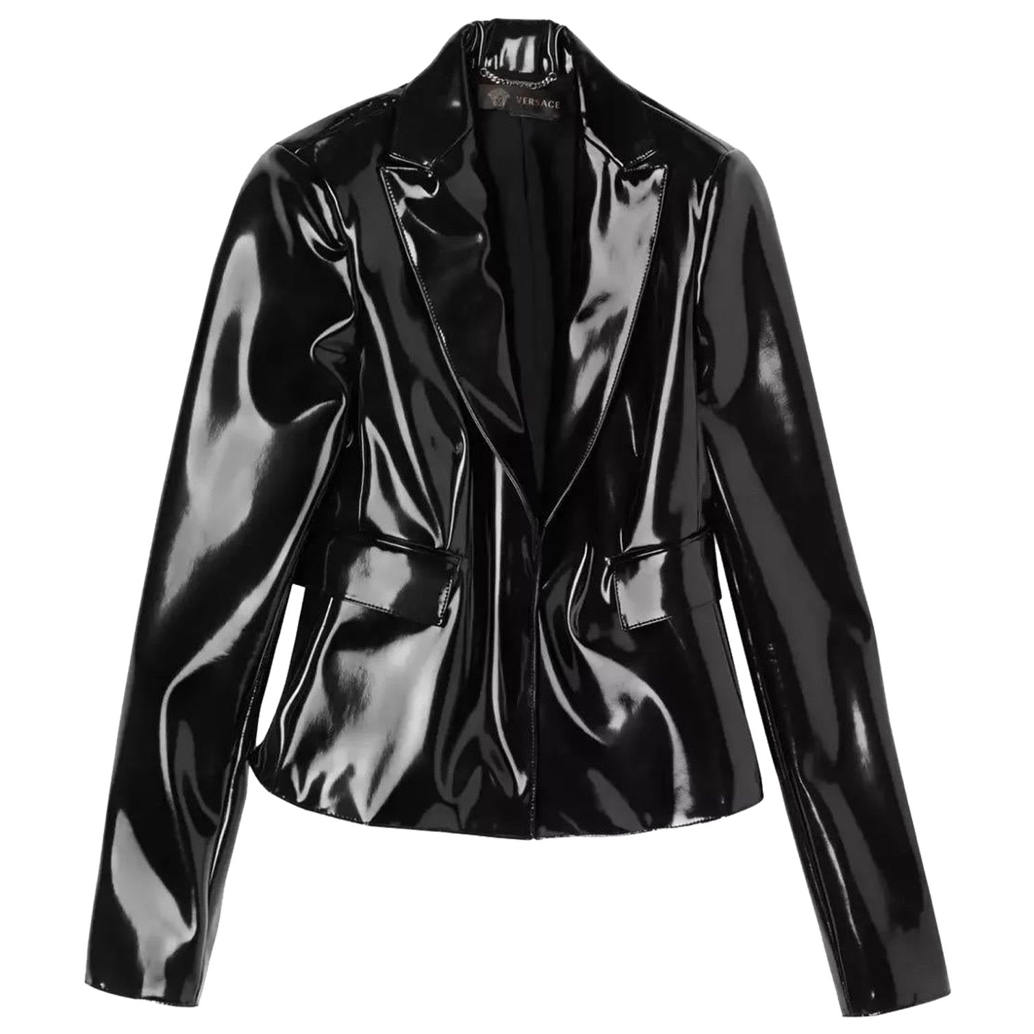 F/W 2013 Look #3 New Versace Black Japanece Vinyl Jacket 38 - 2 For Sale
