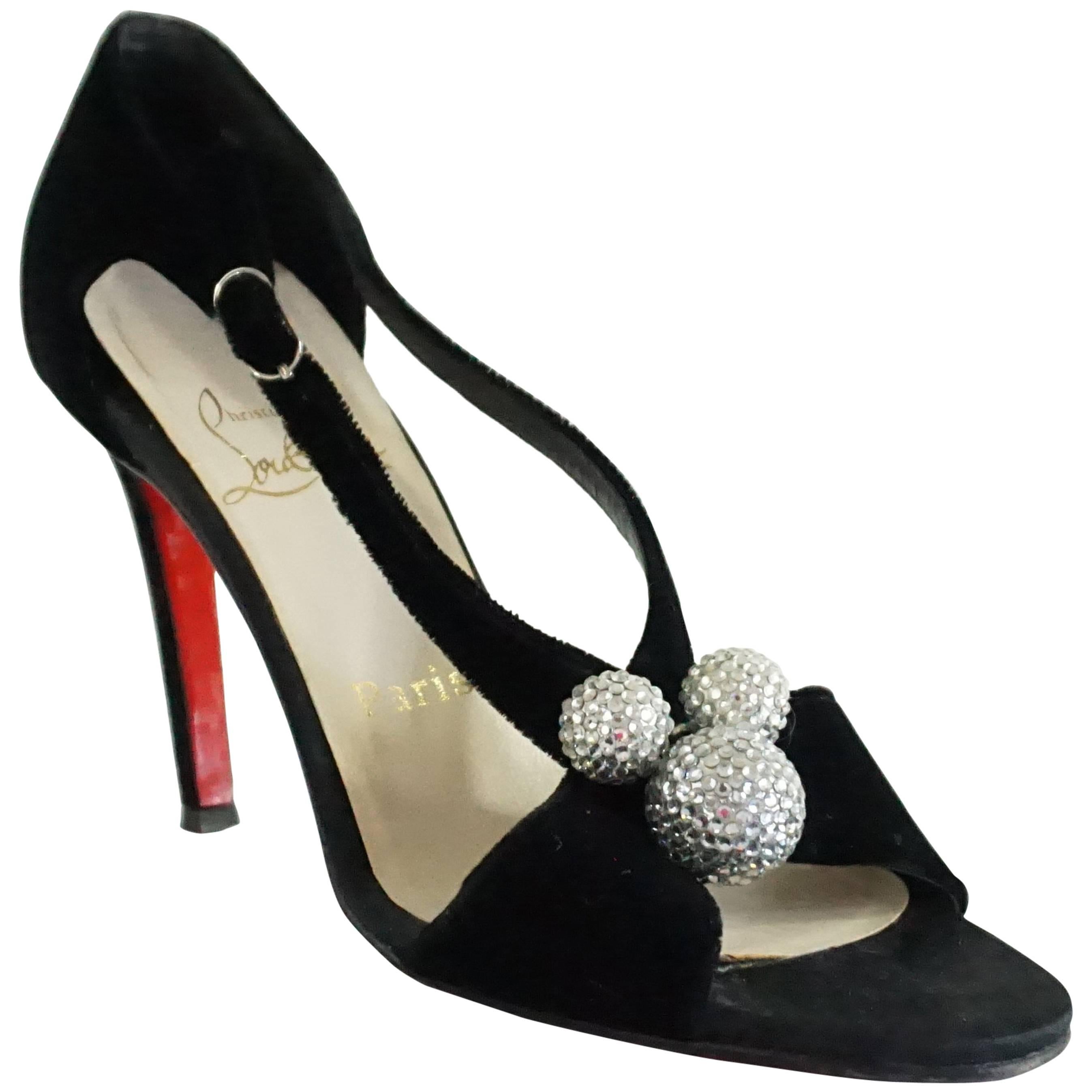 Christian Louboutin Black Velvet Sandals with Rhinestone Cluster - 36.5 For Sale