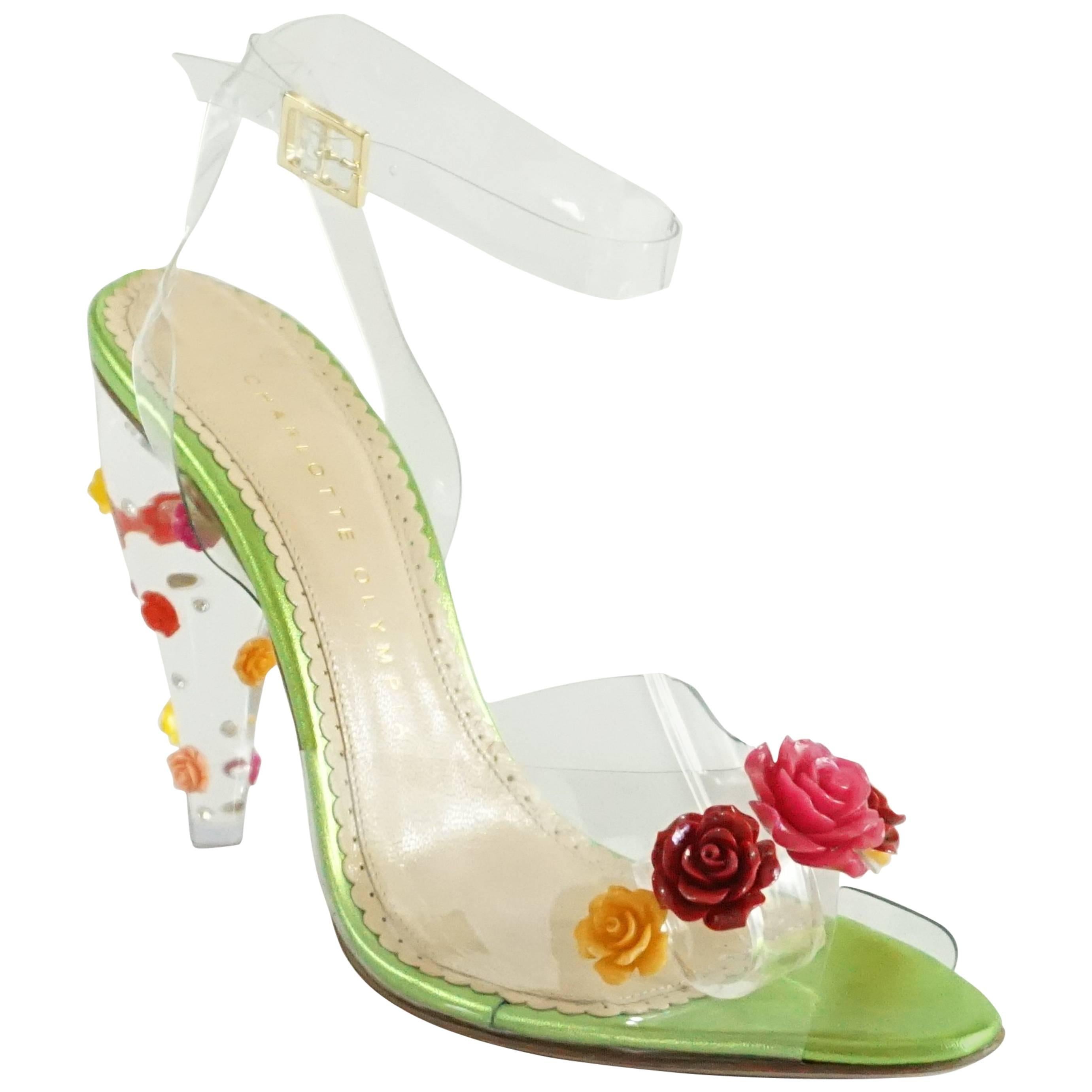 Charlotte Olympia Clear Jelly Lucite Heels with Multi Flowers - 36.5 