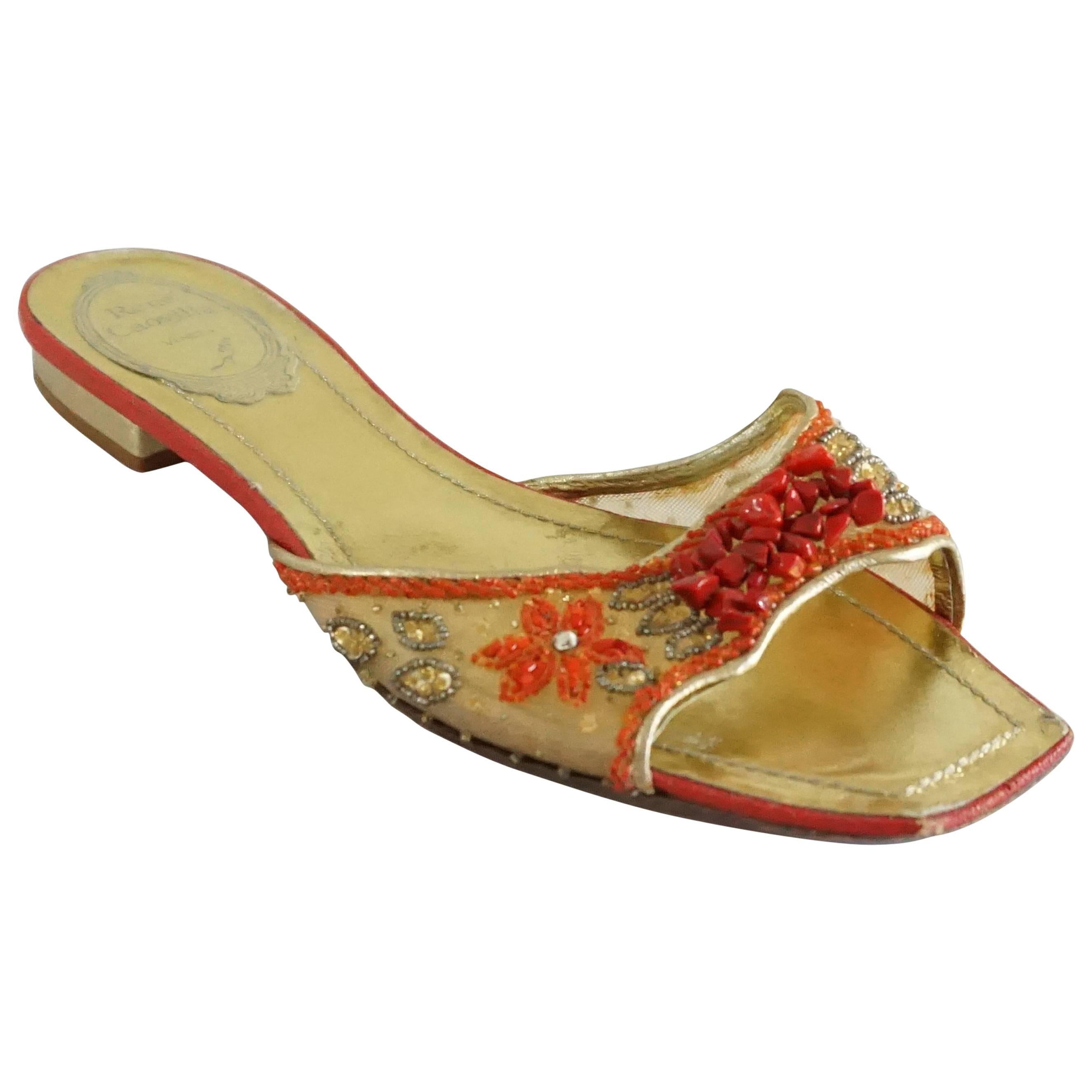 Rene Caovilla Gold and Red Mesh Beaded Slides - 36 For Sale