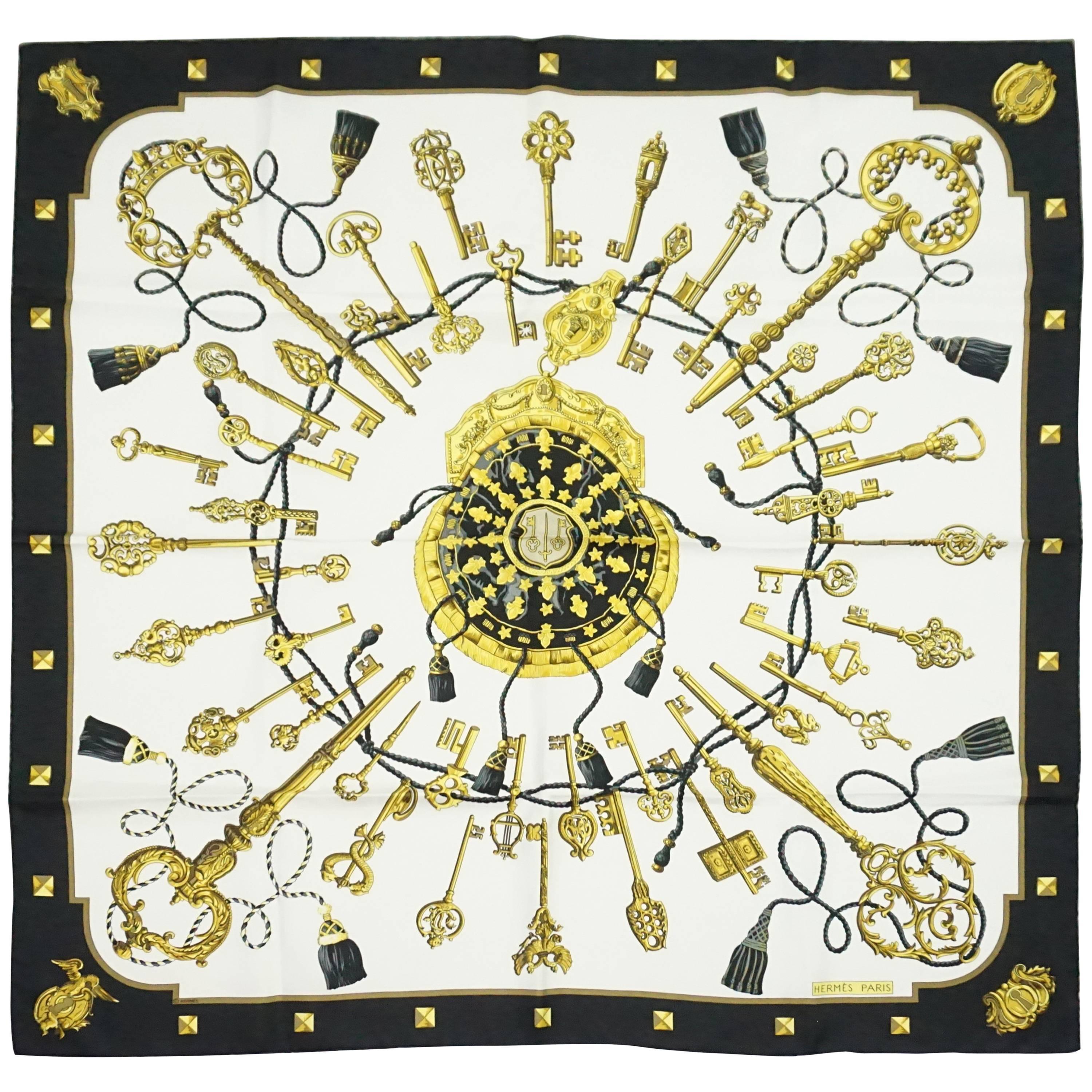 Hermes White, Black, and Gold Key Print Silk Scarf