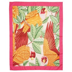 Hermes Pink and Orange Parrot Print Silk Scarf