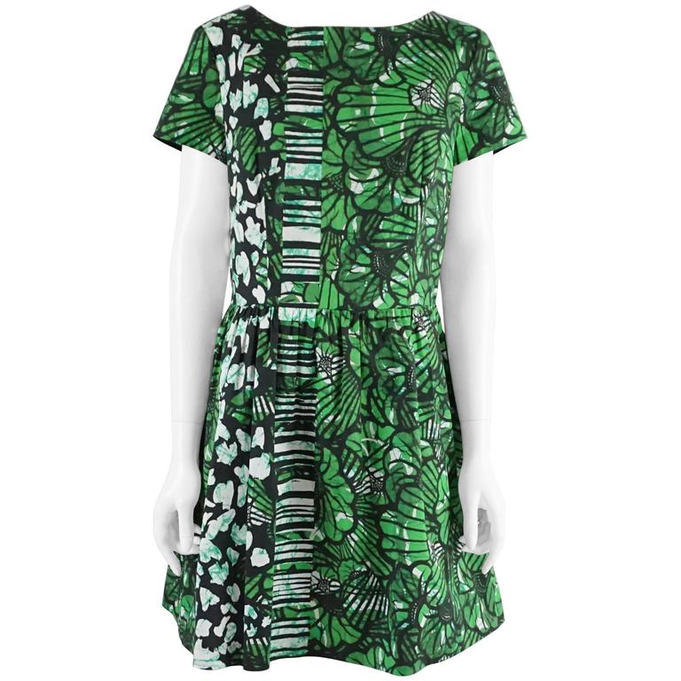 Oscar de la Renta Green Print Cotton Dress - 12 at 1stDibs