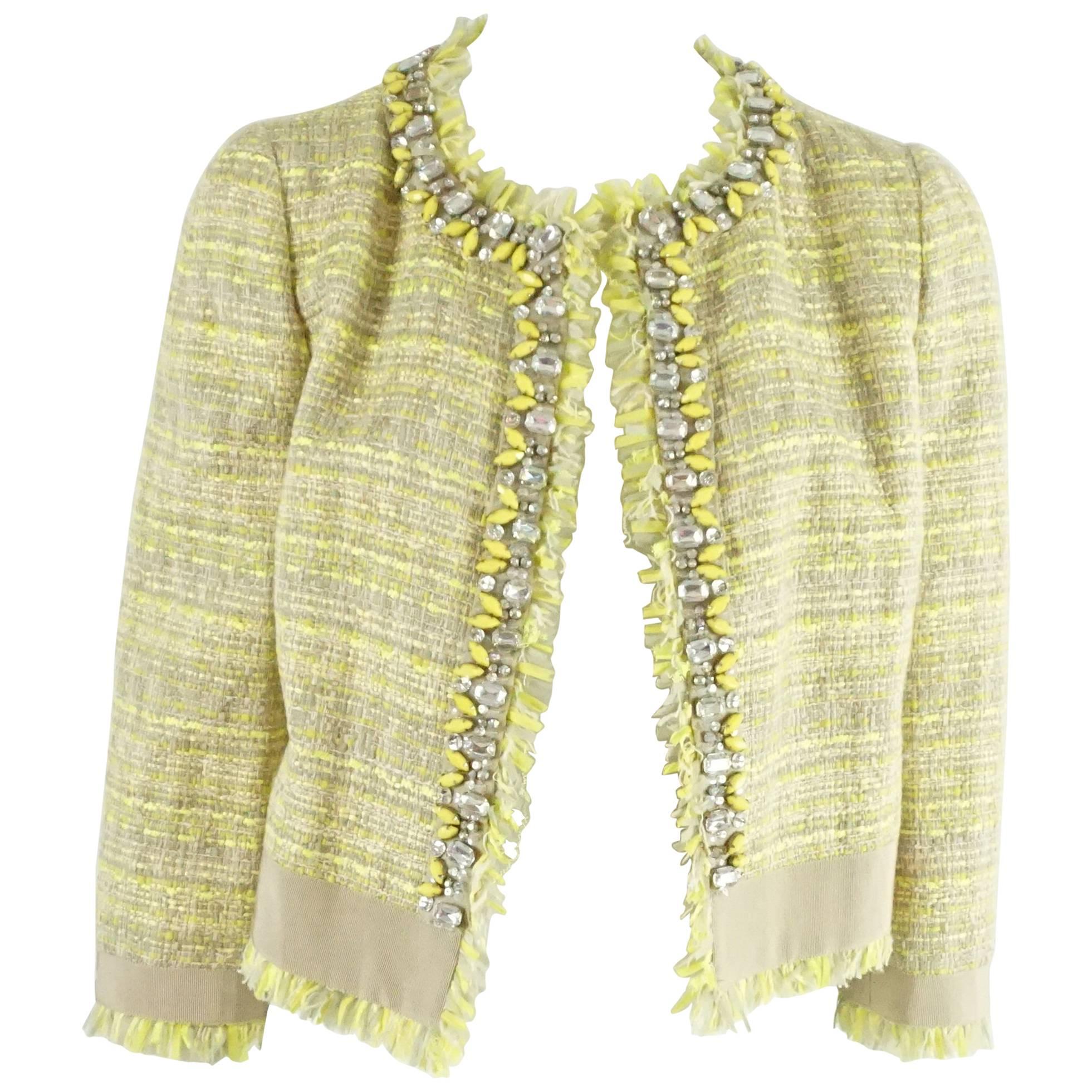 Giambattista Valli Taupe and Yellow Tweed Jacket with Stones - 44 For Sale