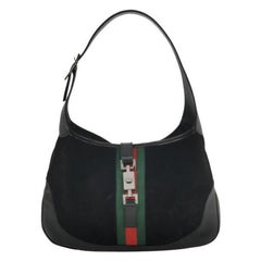 Gucci Jackie Vintage Medium Black Leather Suede Green Web Shoulder Bag