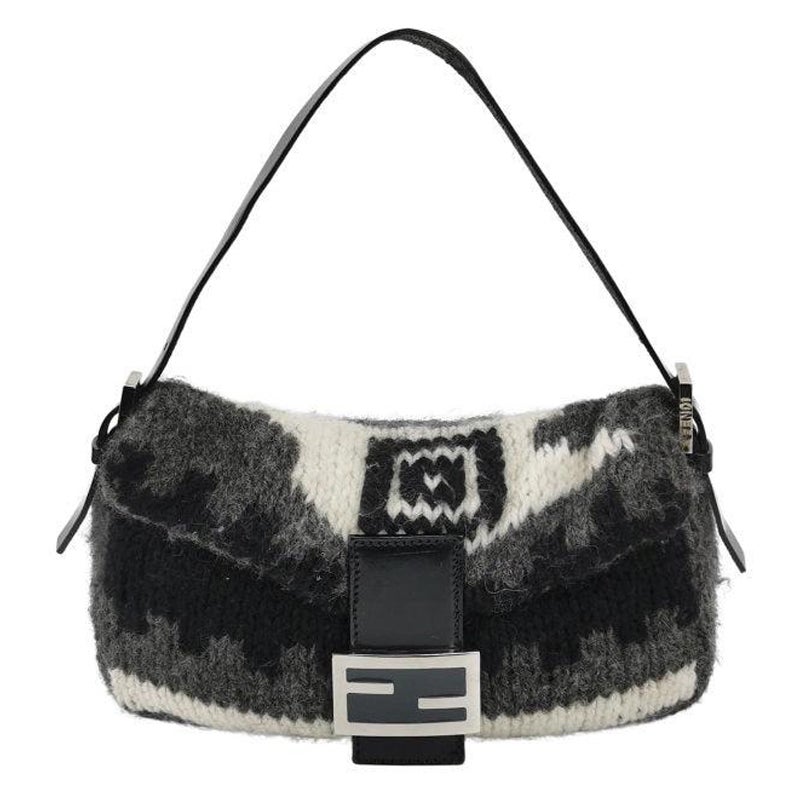 Bolso Fendi Baguette Bolso de hombro de punto de lana gris y blanco en venta