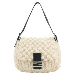 Fendi Mamma Baguette White Crochet Pompom Shoulder Bag