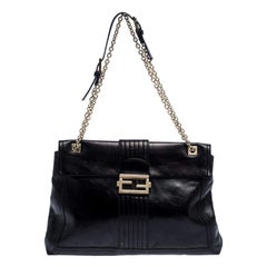 Fendi Black Leather Maxi Baguette Flap Shoulder Bag