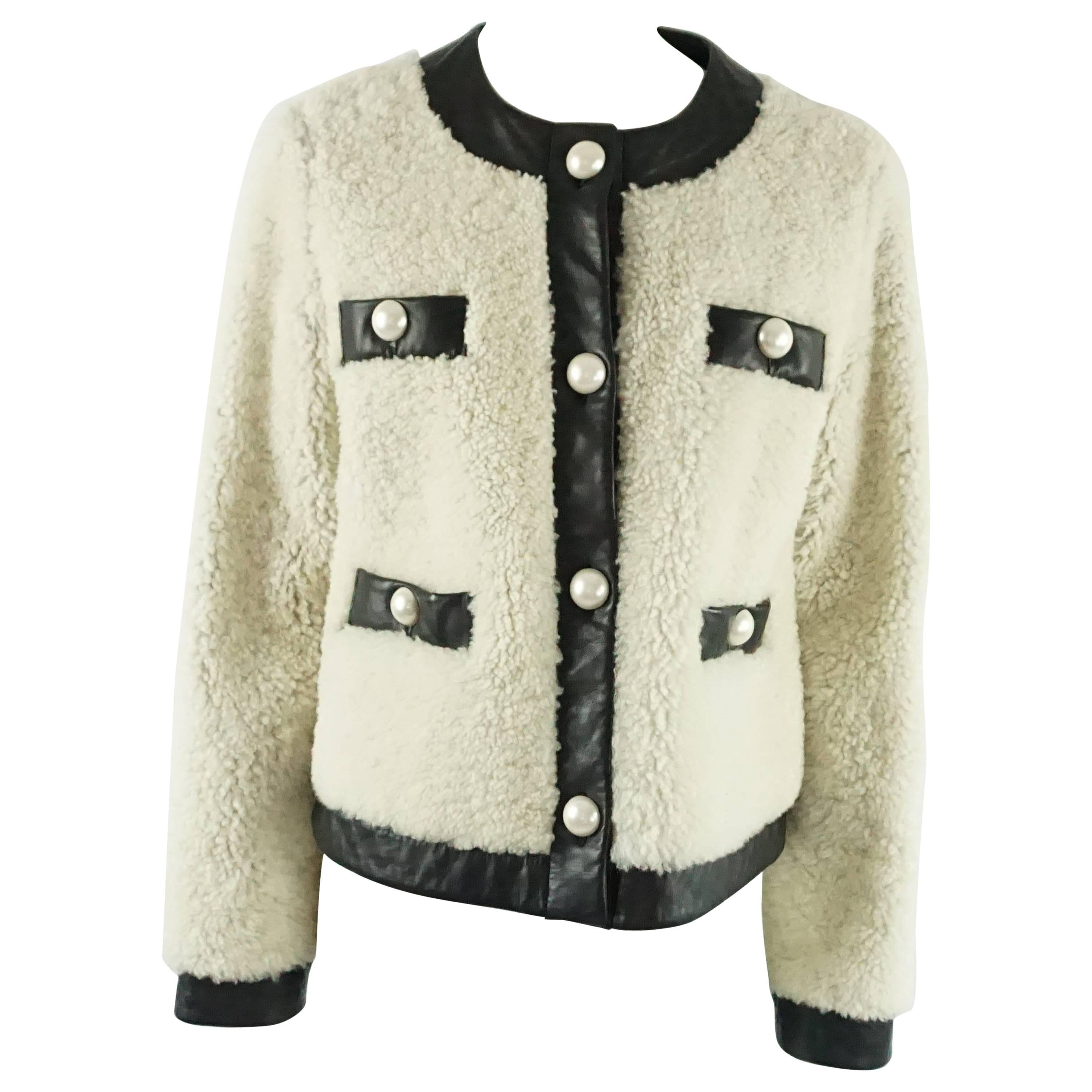 Moschino C&C Shearling and Leather Jacket with Faux Pearl Buttons - 8 For Sale