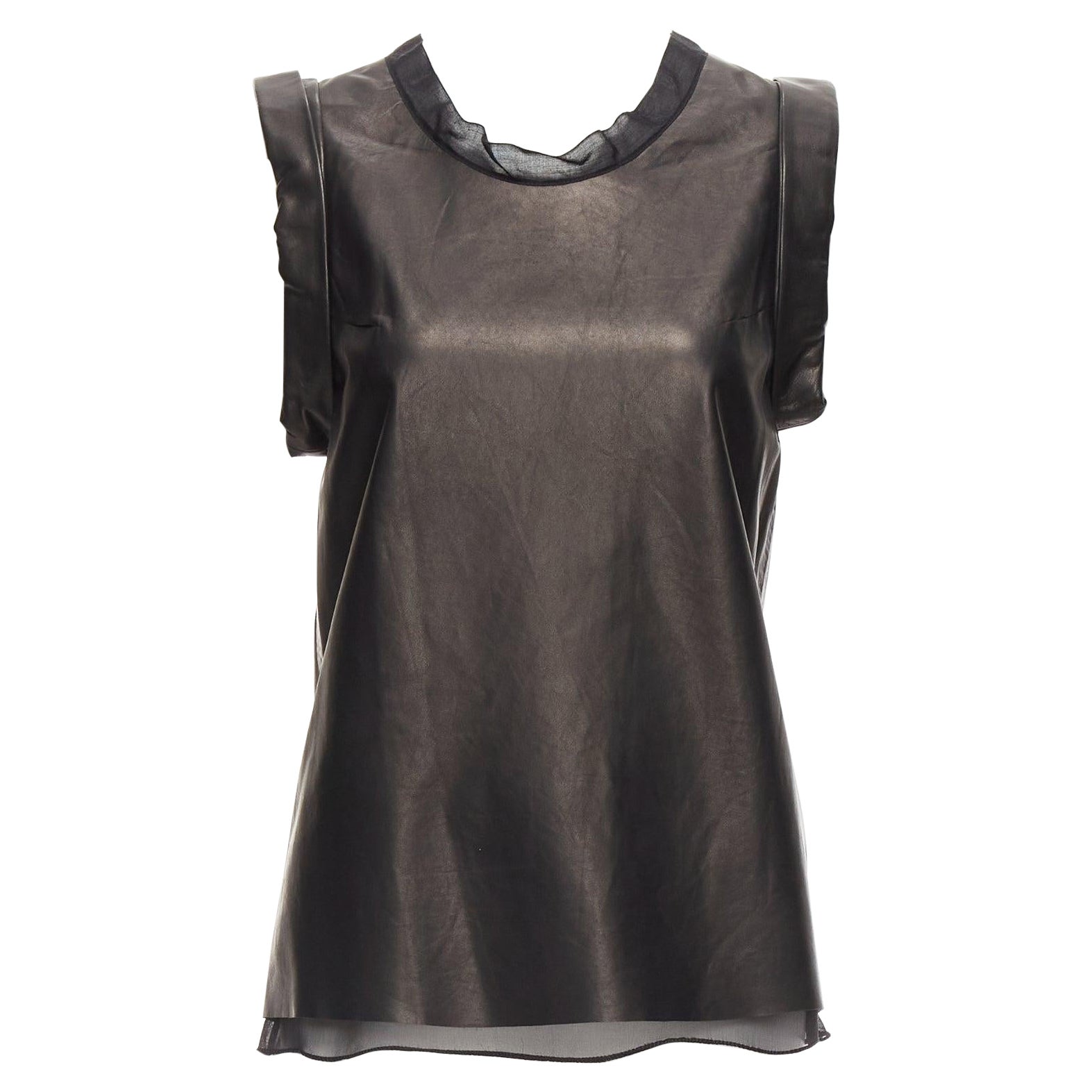 3.1 PHILLIP LIM black leather sheer silk trim folded sleeves tunic top US2 S For Sale