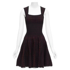 ALAIA black burgundy virgin wool blend cut out jacquard square neck dress FR36 S