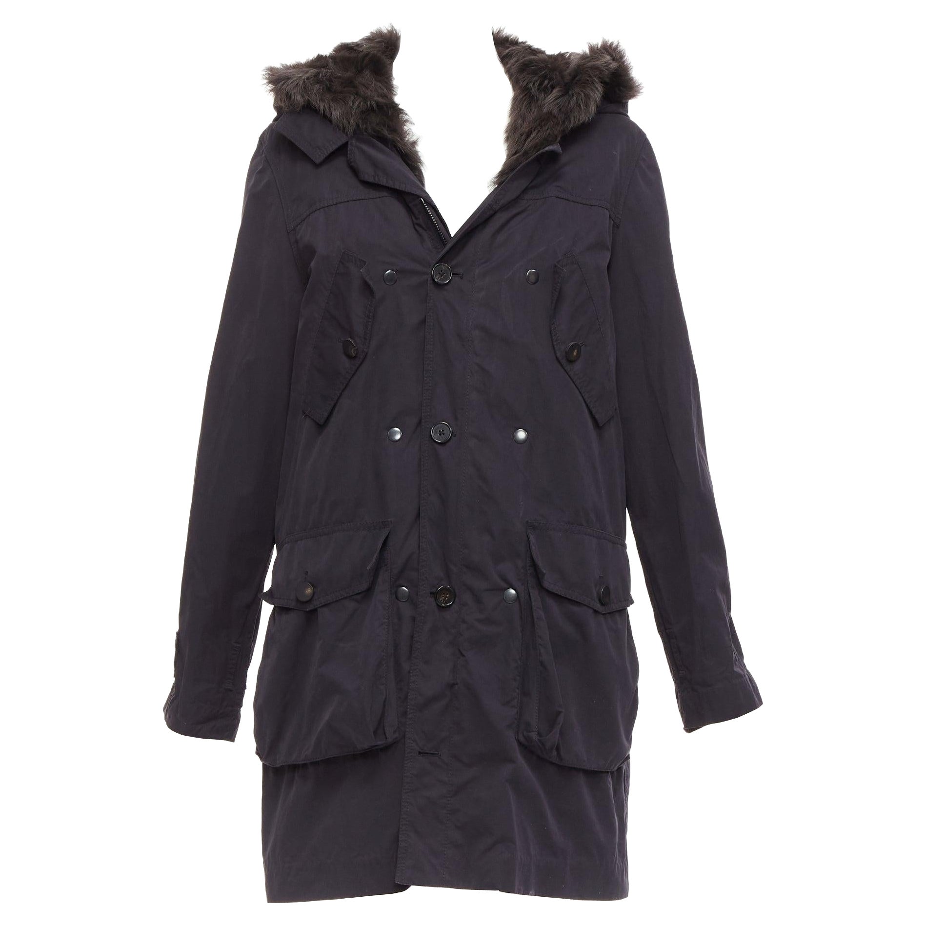 3.1 PHILLIP LIM black cotton brown full sheep fur lined parka coat XS For Sale