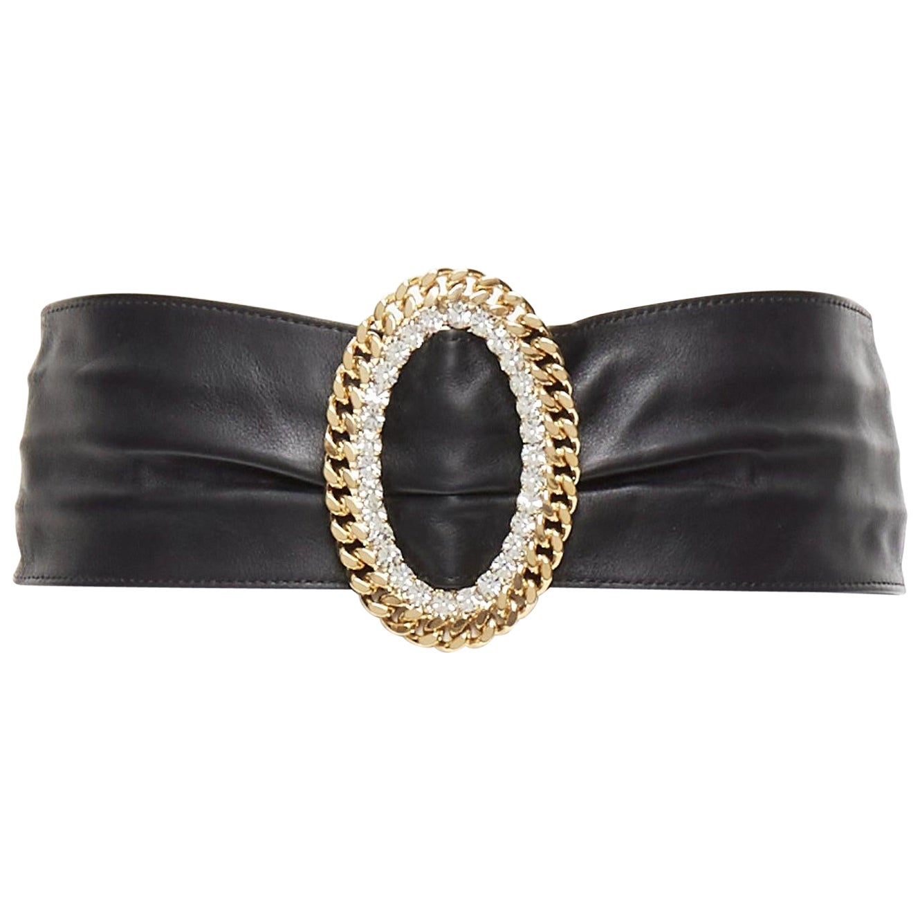 ALESSANDRA RICH rhinestone crystal gold chain oval buckle black leather belt S For Sale