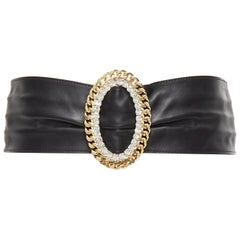 ALESSANDRA RICH rhinestone crystal gold chain oval buckle black leather belt S