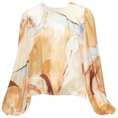 AJE 2018 100% seta beige blu astratto stampa pennello manica a sbuffo top UK6 XS