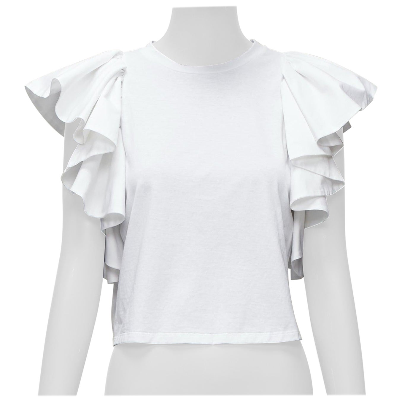 ALEXANDER MCQUEEN white cotton ruffle sleeve crew neck crop top IT38 XS For Sale