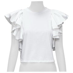 ALEXANDER MCQUEEN Weißes Baumwolloberteil mit Rüschenärmeln und Rundhalsausschnitt IT38 XS
