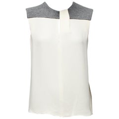 BALENCIAGA Silk 2014 cream silk crepe grey knitted yoke cut out blouse FR38 M