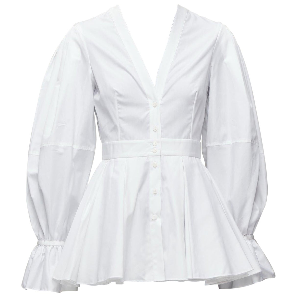 ALEXANDER MCQUEEN white cotton V-neck balloon sleeve peplum dress shirt IT38 XS For Sale