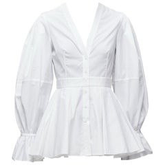 ALEXANDER MCQUEEN algodón blanco Cuello en V manga globo vestido peplum camisa IT38 XS