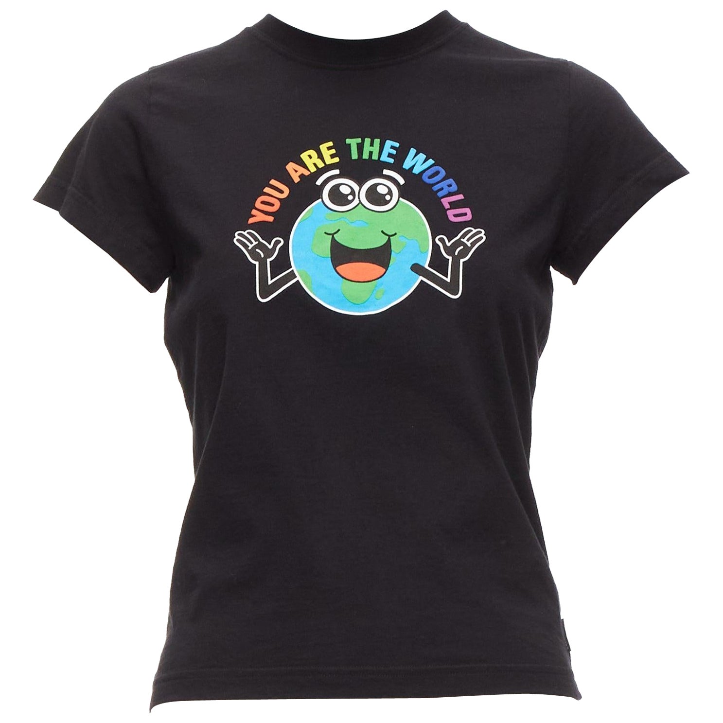 BALENCIAGA 2018 black You Are The World rainbow globe print cropped tshirt XS For Sale
