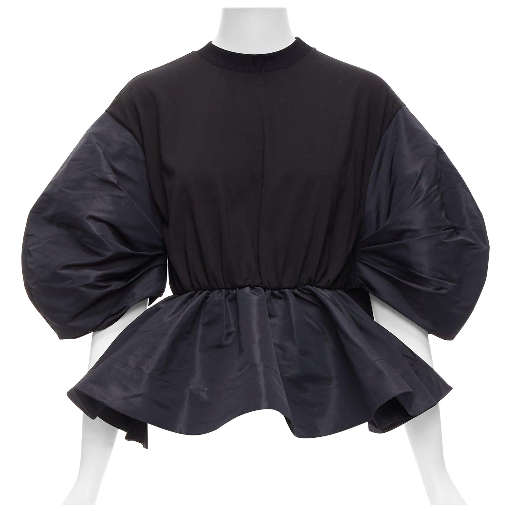 ALEXANDER MCQUEEN 2021 black round puff sleeve peplum contrast top IT36 XXS For Sale