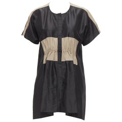 BALENCIAGA 2011 negro caqui mezcla de seda colorblock acanalado vestido camisero FR36 S