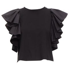 ALEXANDER MCQUEEN 2020 black ruffle cap sleeve bateau crop top IT38 XS
