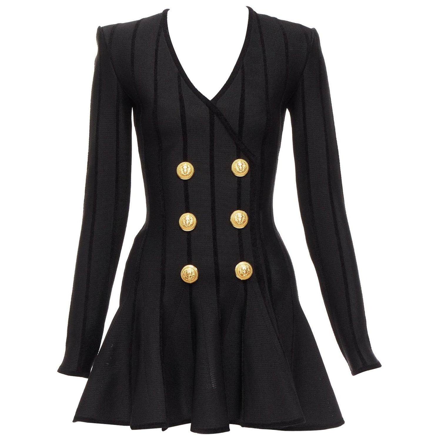 BALMAIN 2023 black striped chenille gold lion button mesh mini dress FR34 XS For Sale