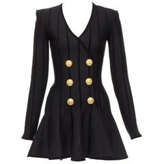 BALMAIN 2023 black striped chenille gold lion button mesh mini dress FR34 XS