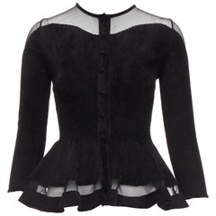ALEXANDER MCQUEEN 2017 black chenille sheer peplum ribbed waist cardigan XS