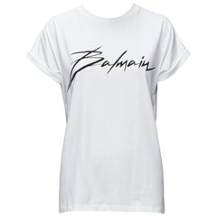 BALMAIN schwarzes Logo mit Samtdruck und Manschetten an den Ärmeln weißes Tshirt FR34 XS