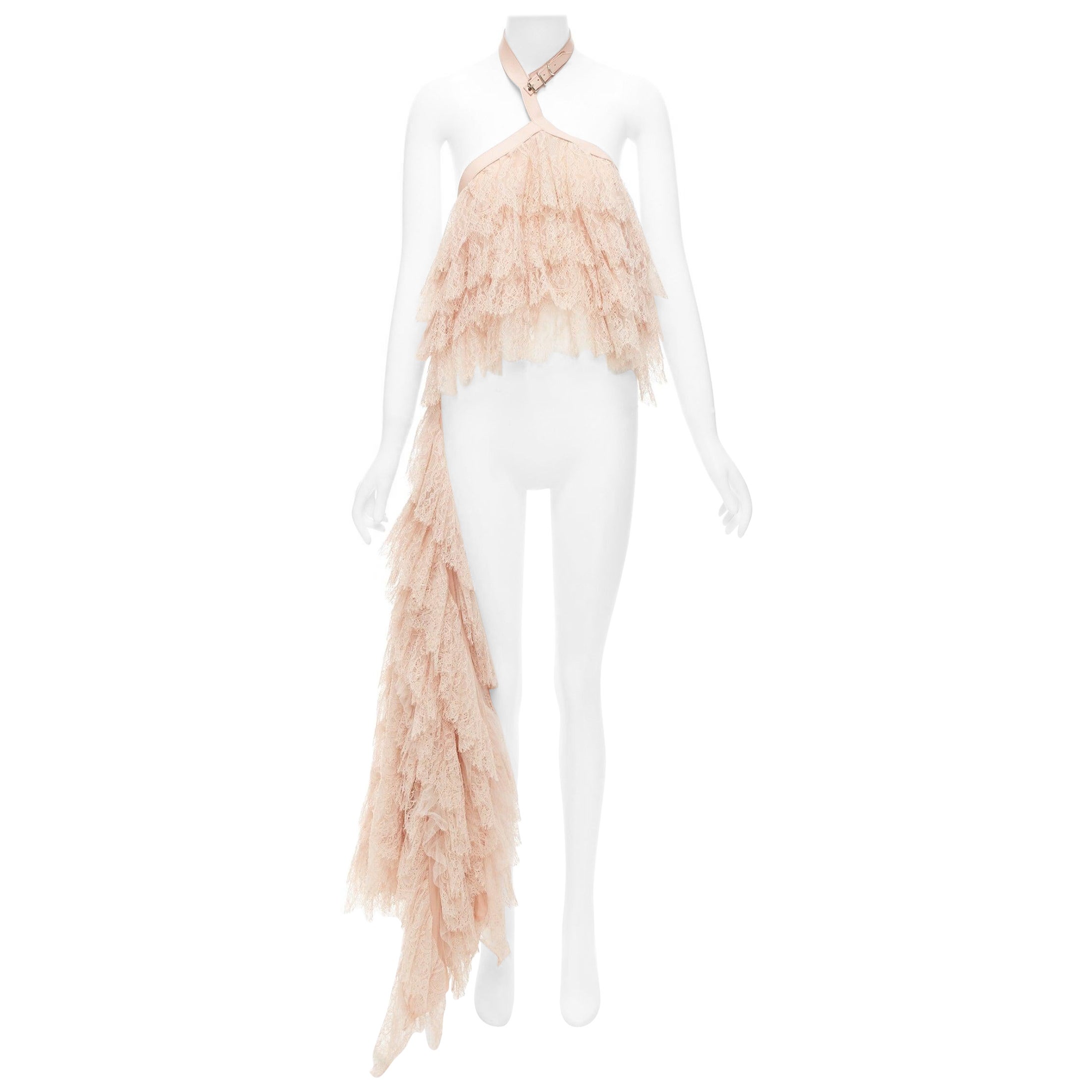 Alexander McQueen 2007 Top in pizzo e pelle a cascata con volant IT38 XS