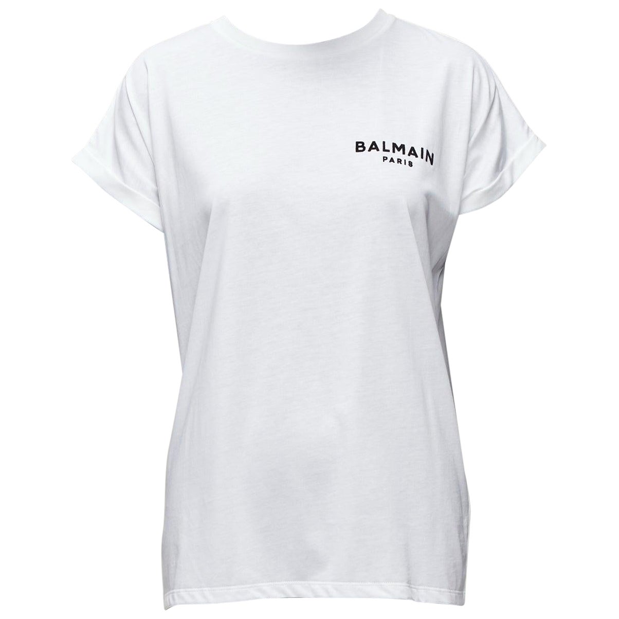 BALMAIN signature logo print cuffed sleeves white cotton tshirt XXS For Sale
