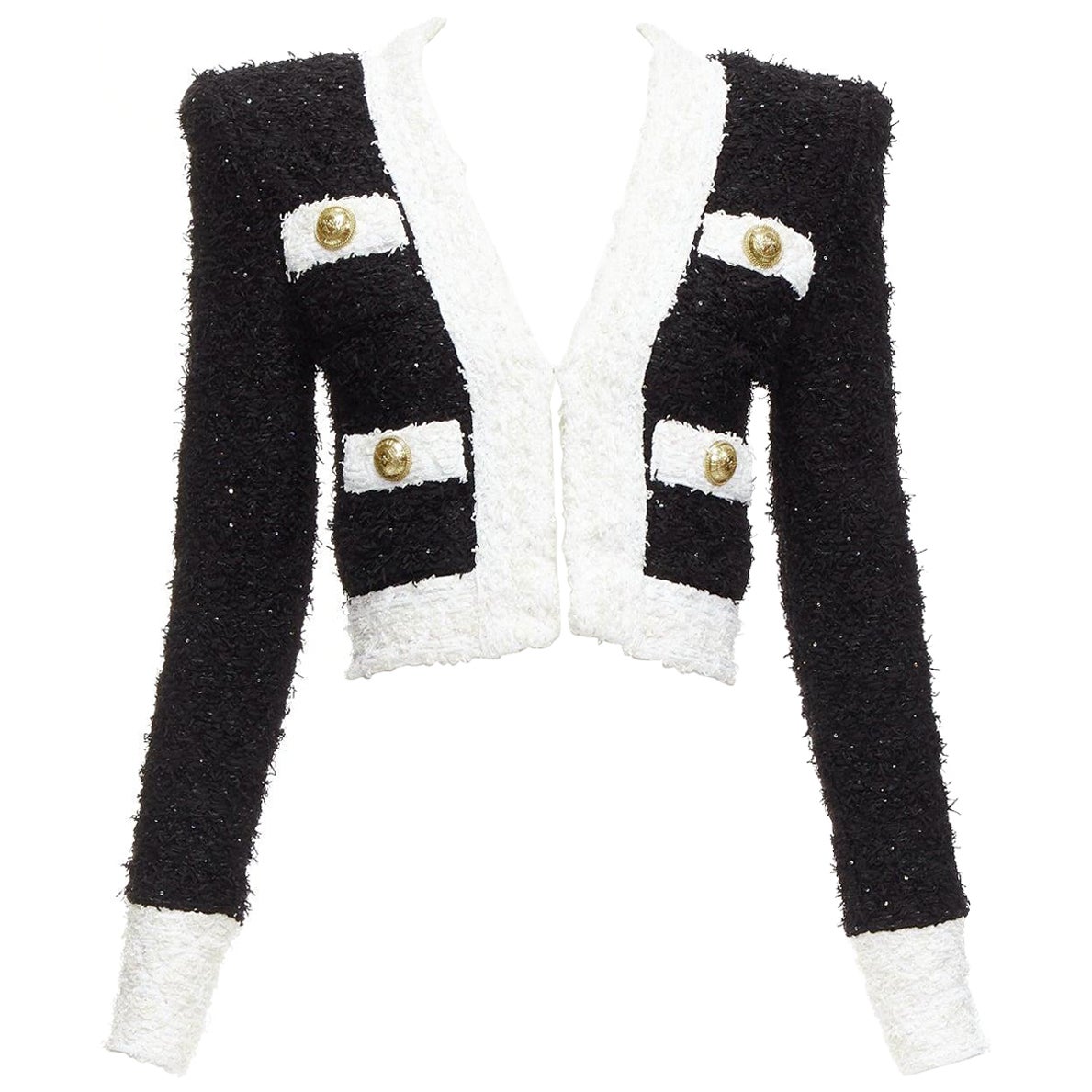 BALMAIN black white metallic tweed 4 pockets cropped blazer jacket FR34 XS For Sale