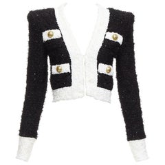 BALMAIN giacca blazer cropped in tweed bianco nero metallizzato 4 tasche FR34 XS