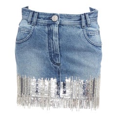 Balmain, minigonna in denim blu lavato con frange e paillettes in cristallo argento FR34 XS