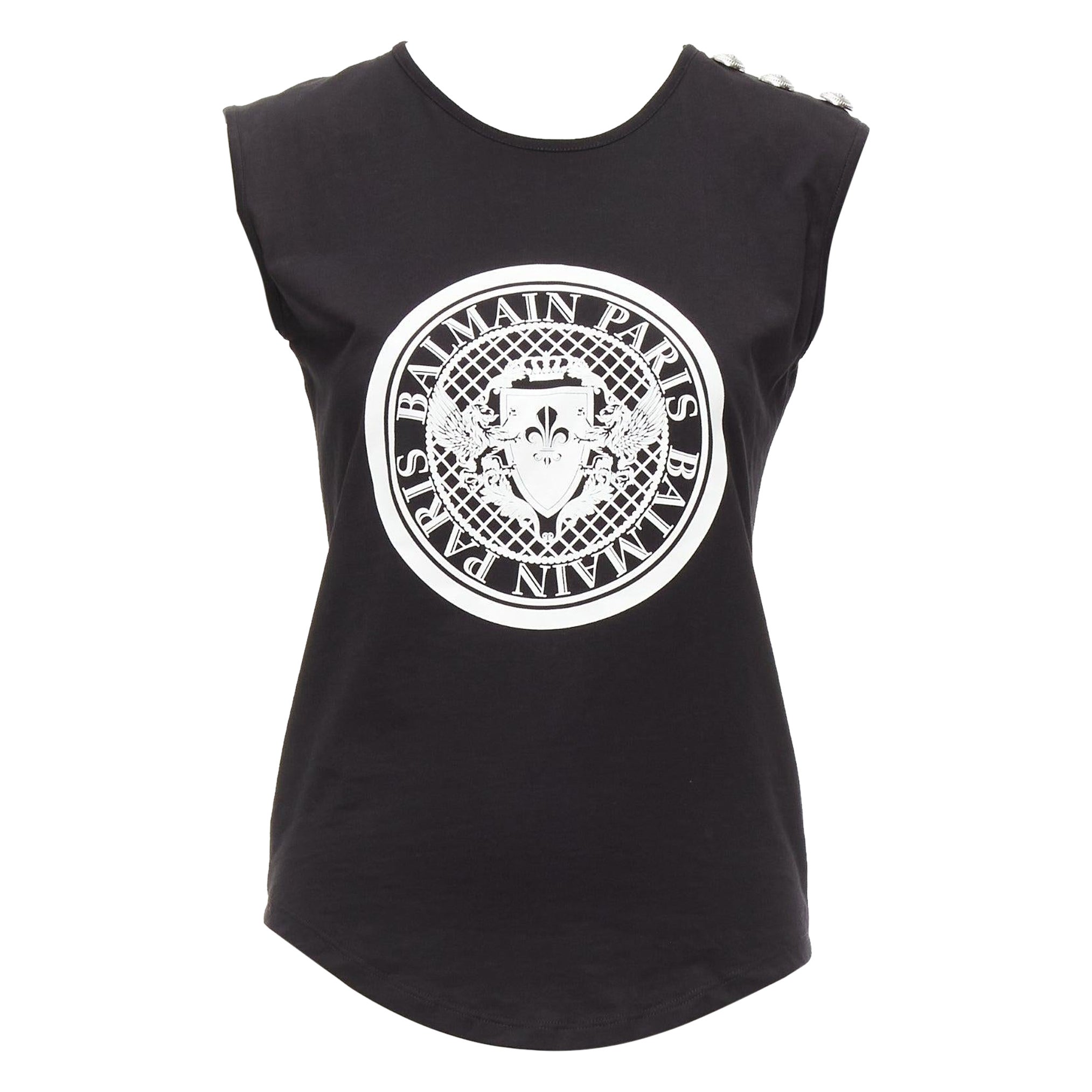 BALMAIN black cotton crest logo silver button shoulder tank top vest FR34 XS For Sale