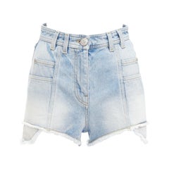BALMAIN blue washed cotton denim panelled pockets cutaway cargo shorts FR36 S
