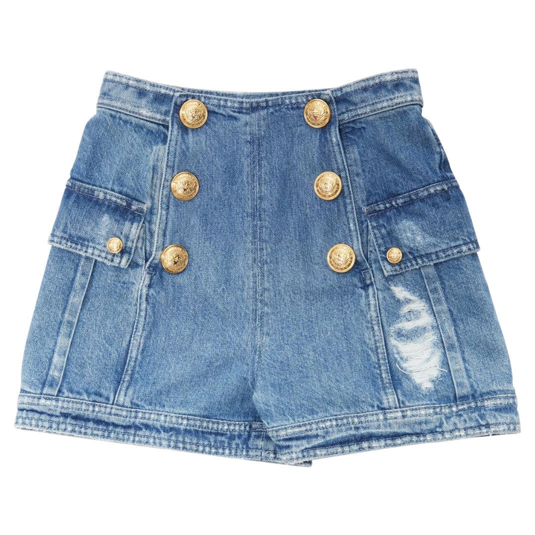 BALMAIN blue distressed denim gold buttons high waisted cargo shorts FR34 XS For Sale