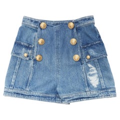 BALMAIN blue distressed denim gold buttons high waisted cargo shorts FR34 XS
