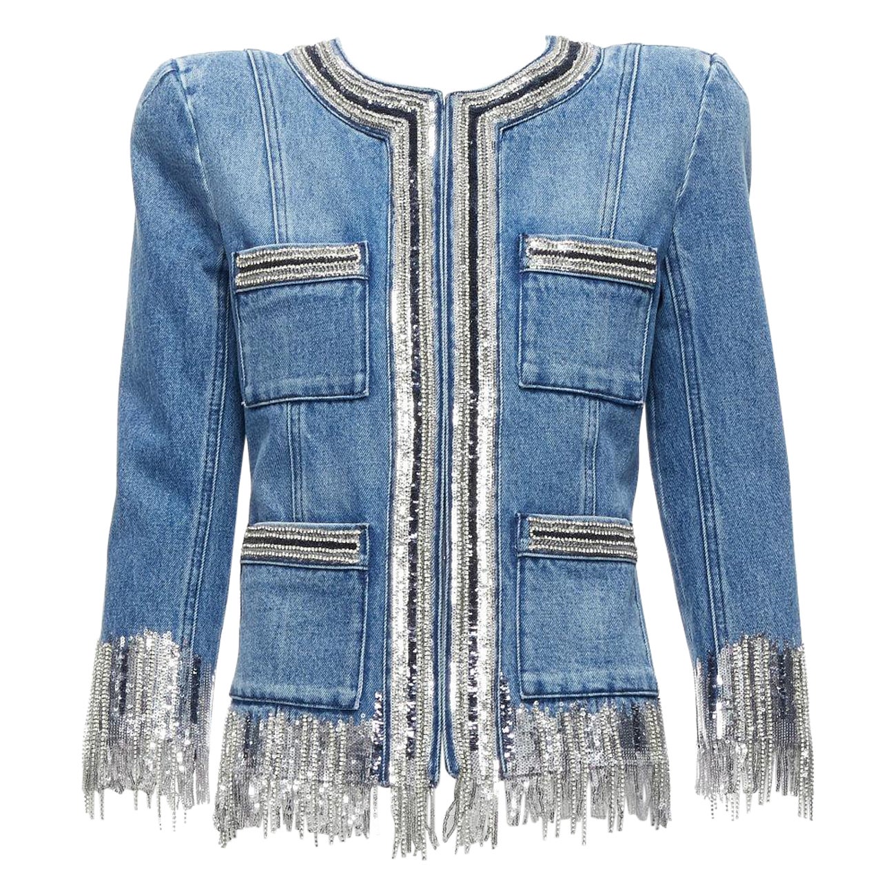 BALMAIN blue washed cotton denim silver crystal embellished trim jacket FR36 S For Sale