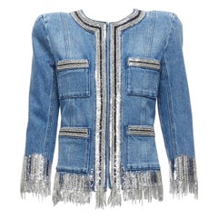BALMAIN Veste bleue lavée en coton denim ornée de cristaux argentés FR36 S