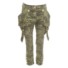 BALMAIN green camo cotton gold hardware mid waist cargo biker pants FR34 XS