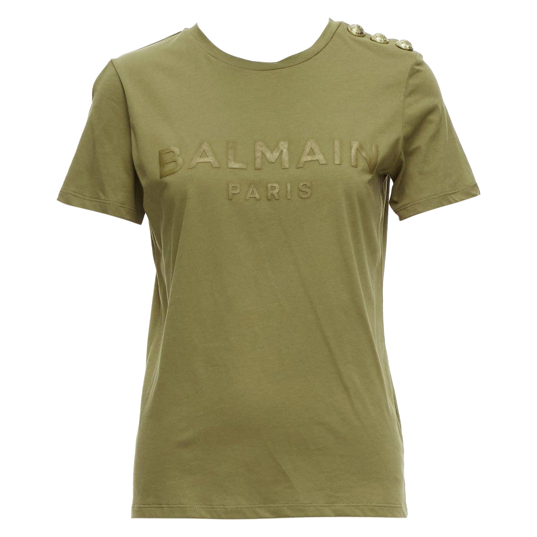 BALMAIN green brown distressed logo military buttons tshirt XS For Sale