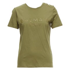 BALMAIN grün-braunes Logo-Militärknöpfe-T-Shirt XS
